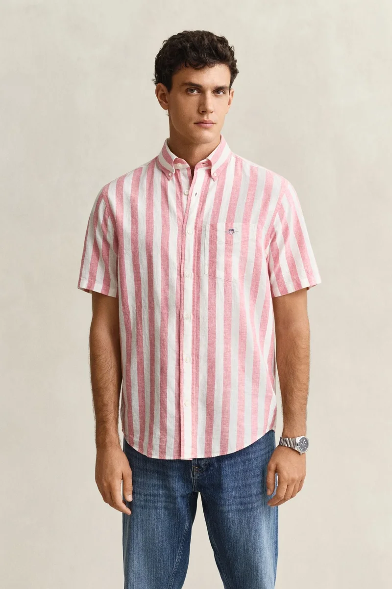 غانت قميص قصير الأكمام مخطط بالقطن والكتان العادي